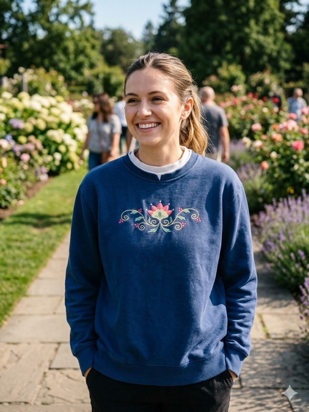 Women's Navy Crewneck Sweatshirt with Floral Embroidery